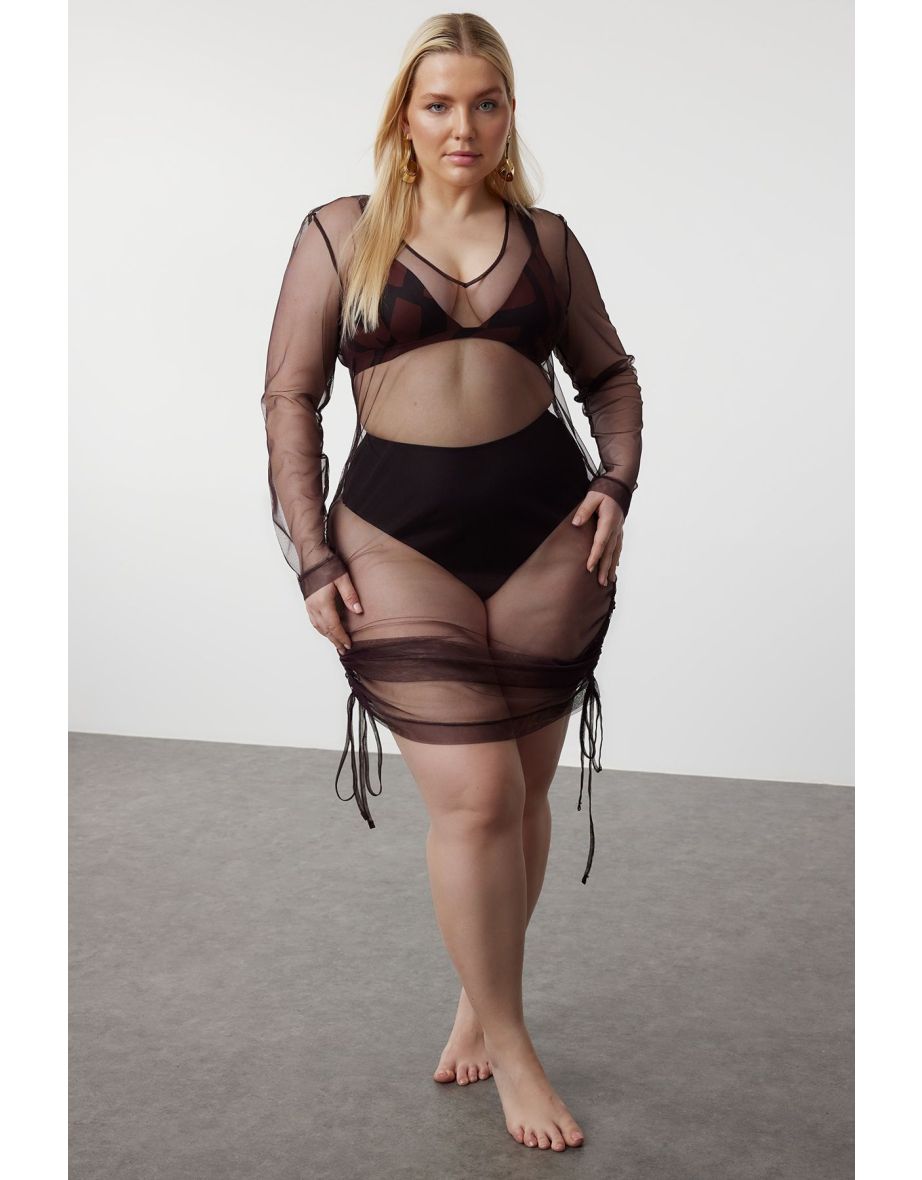 Brown Mesh Beachwear Plus Size Dress