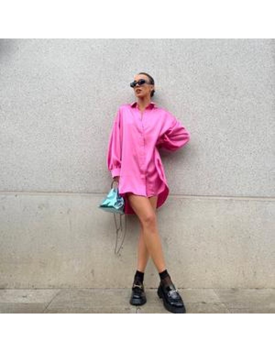 Pink Satin Oversized Mini Shirt-Dress