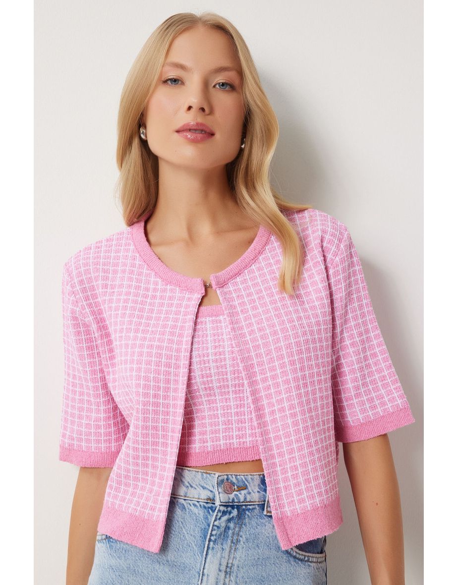 Women's Pink Knitwear Crop Cardigan Set