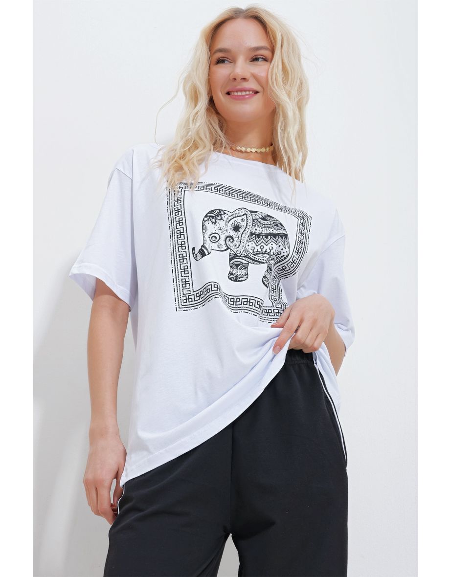 Women's White Crew Neck Stoned Elephant Printed Oversize T-Shirt