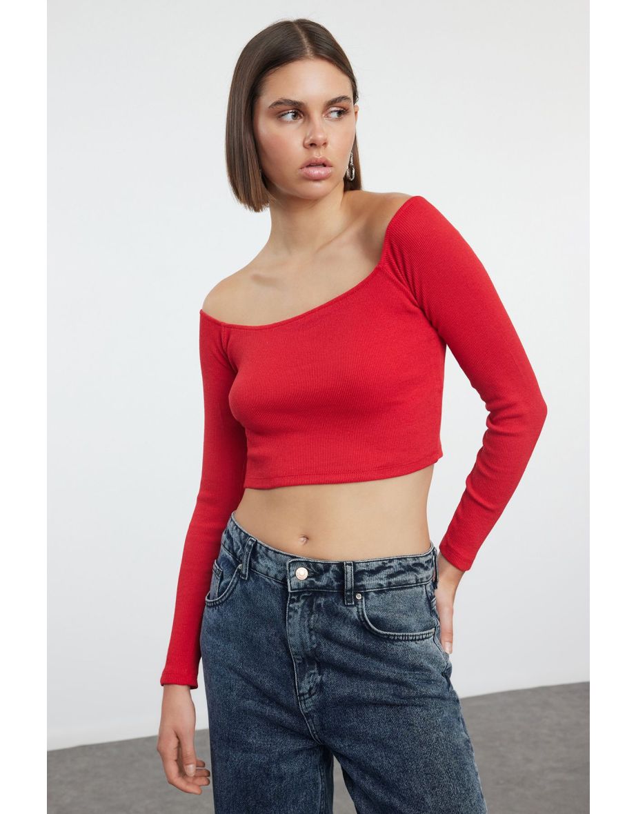 Red Fitted Super Crop Carmen Collar Ribbed Stretch Knitted Blouse - 4