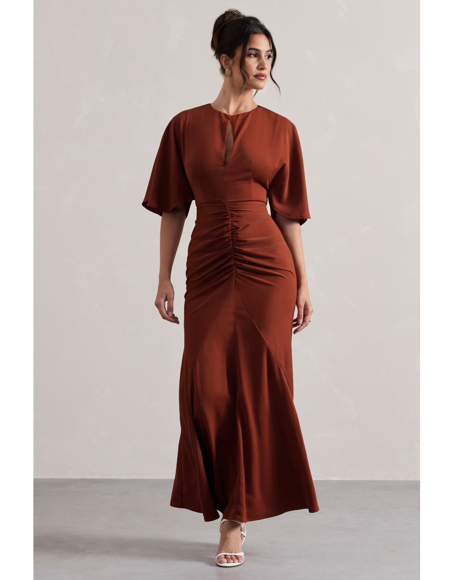 Elidy | Terracotta Ruched Flutter-Sleeve Cut-Out Maxi Dress