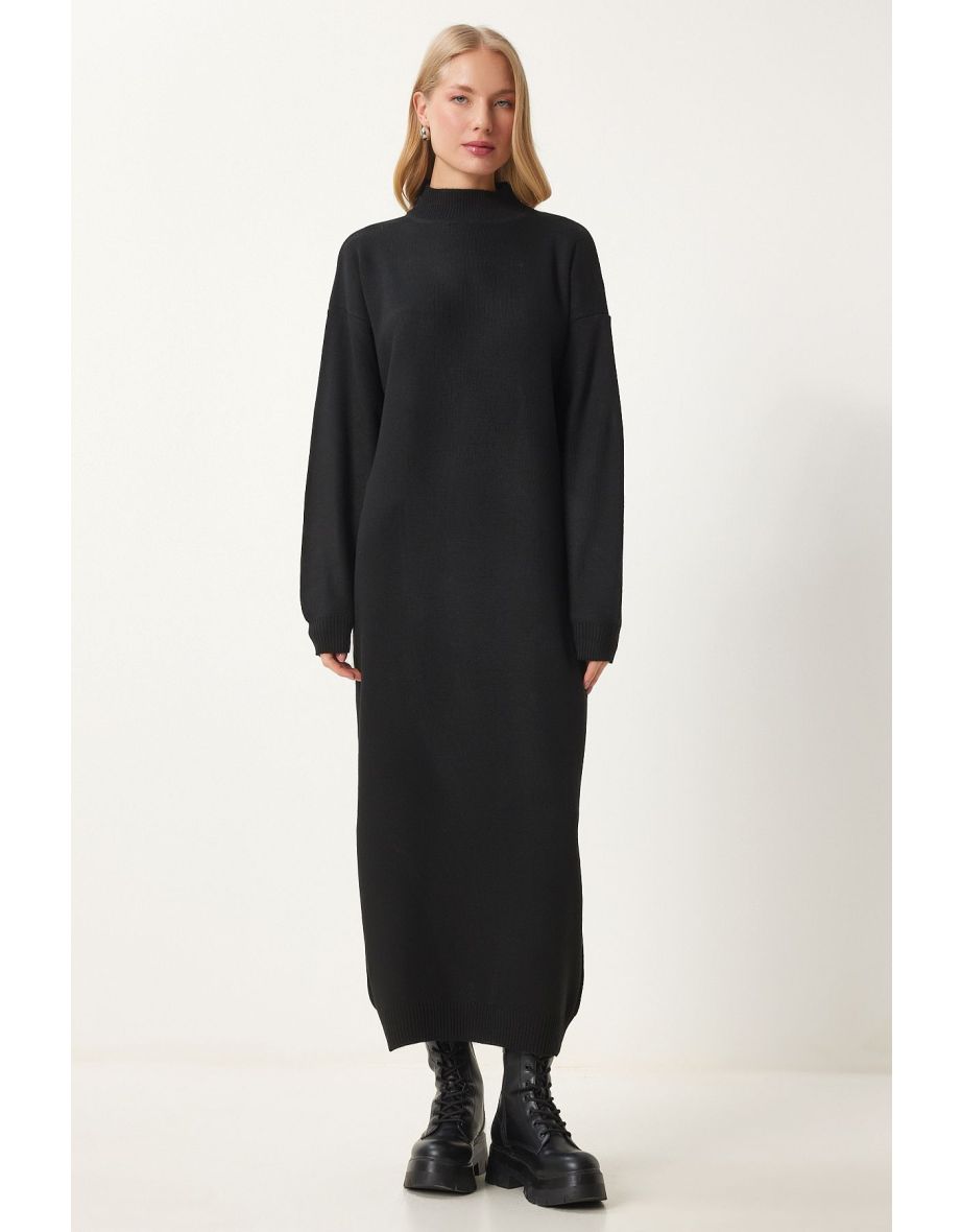 Women's Black Turtleneck Long Knit Dress