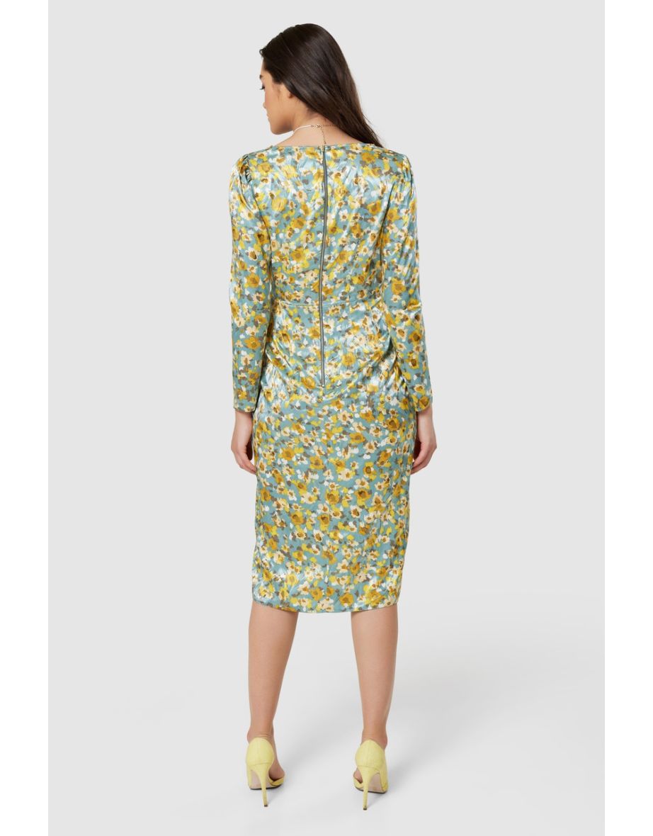 Closet London Green Floral Print Drape Skirt Midi Dress - 3