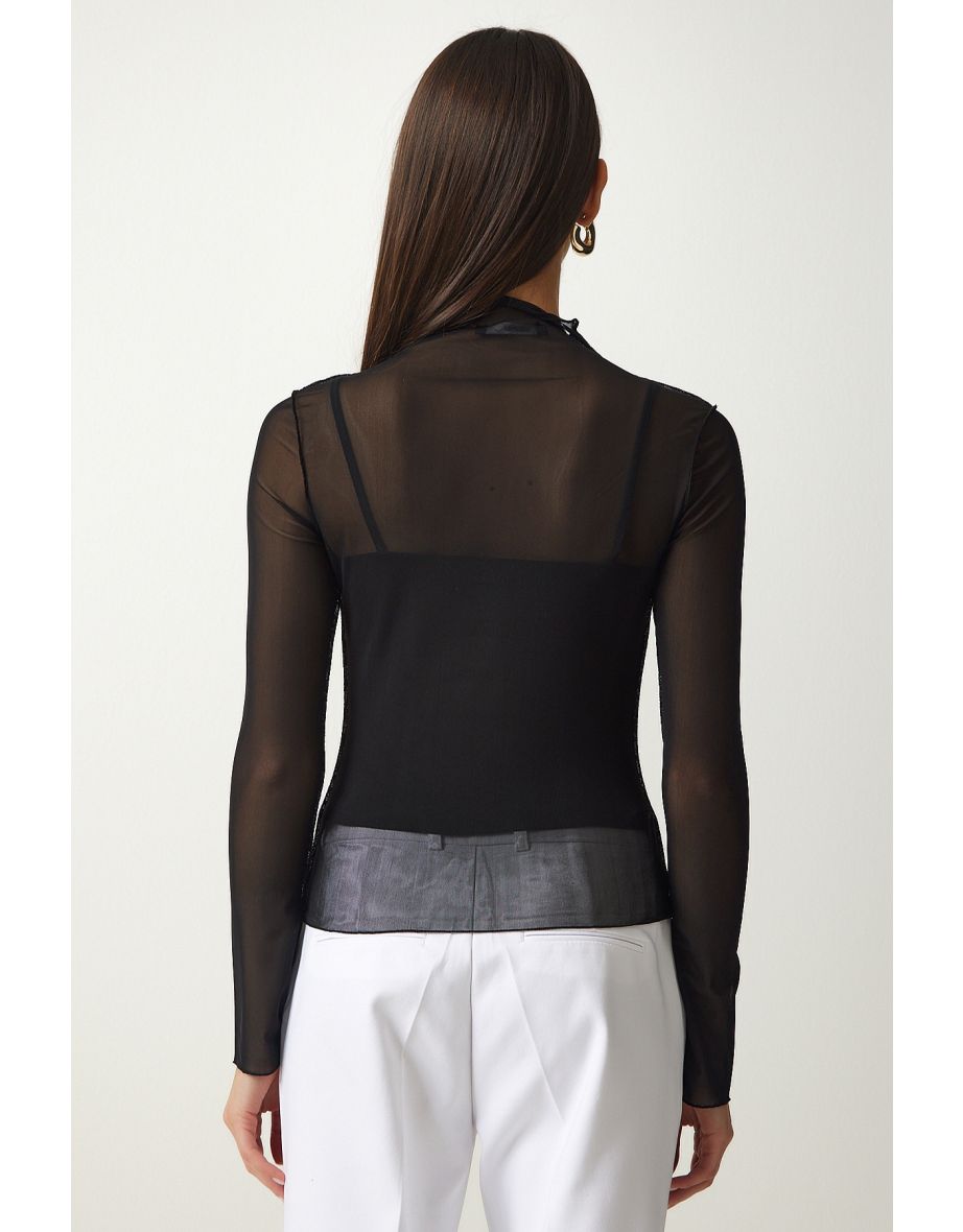 Women's Black Transparent Undershirt Chiffon Blouse - 7