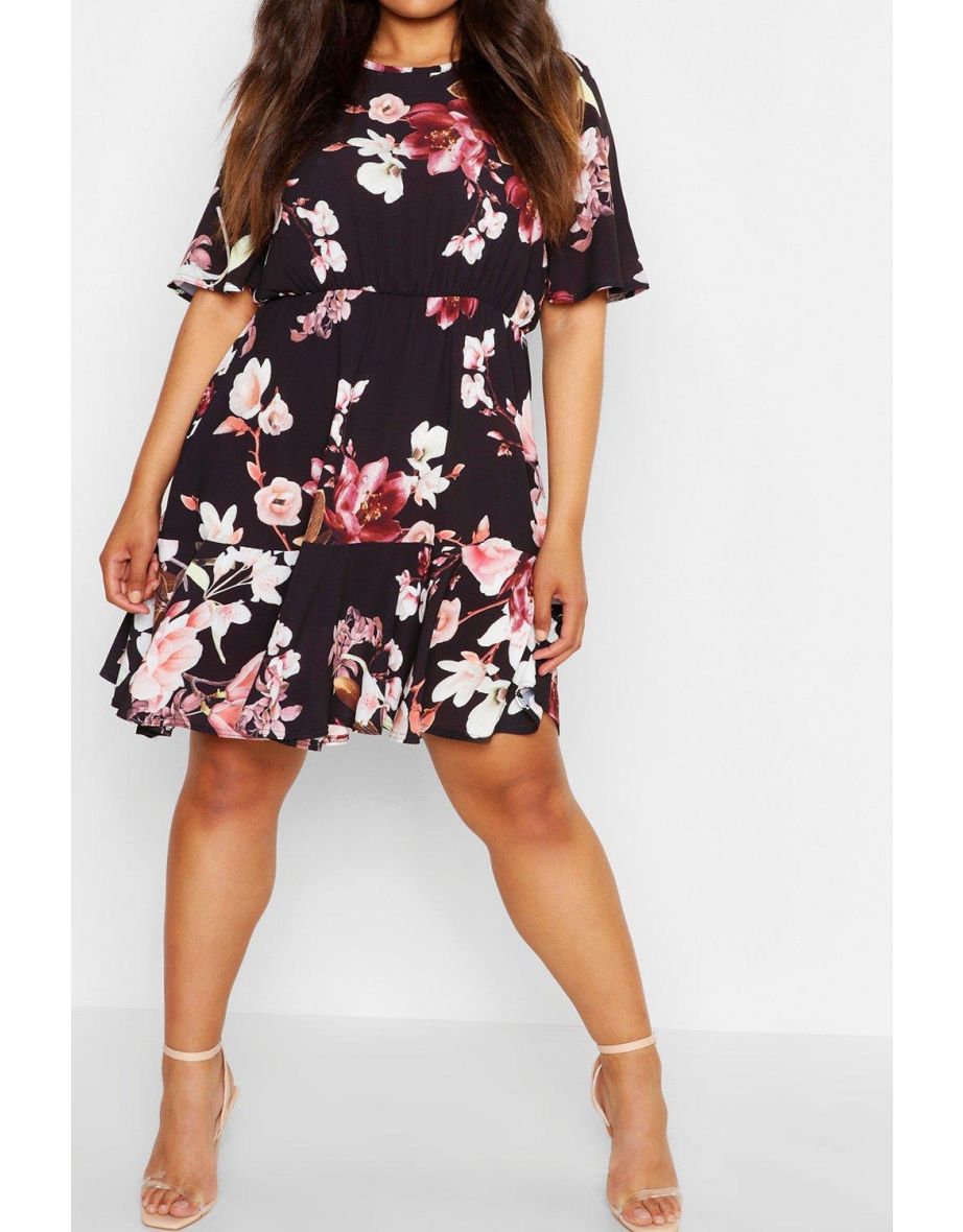Plus Tiered Floral Crepe Smock Dress - black - 3