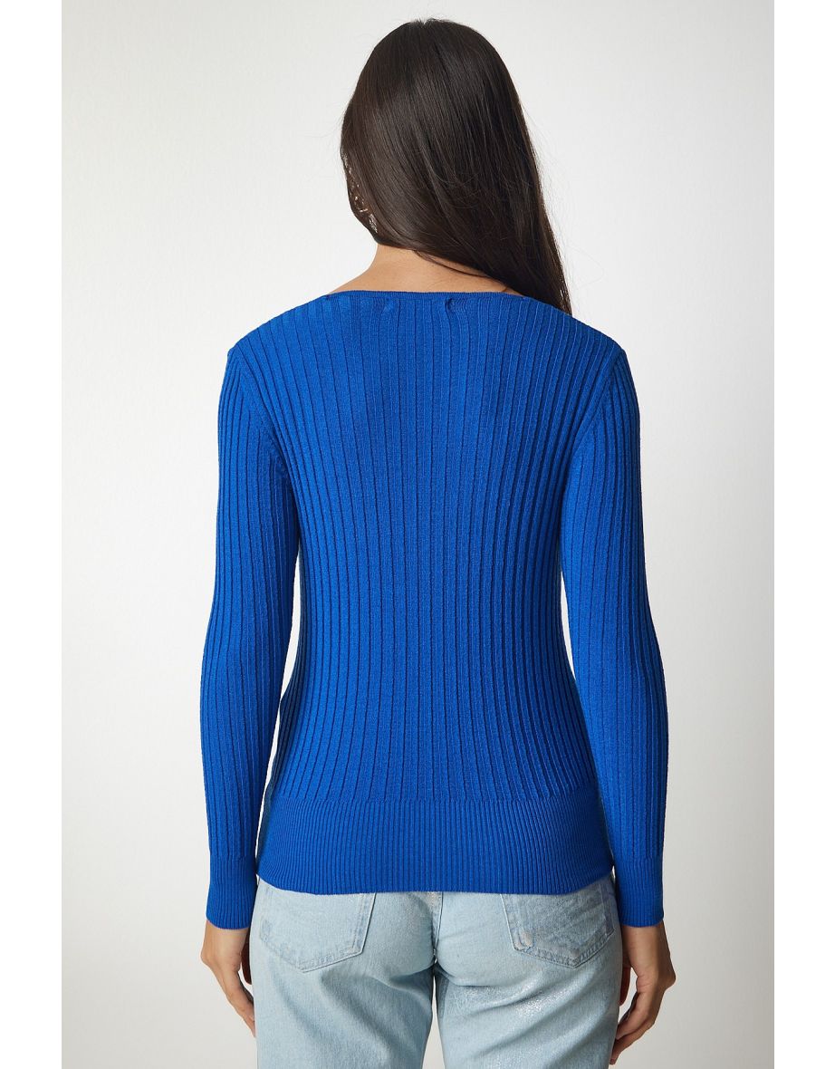 Blue Knitted V-Neck Blouse - 3