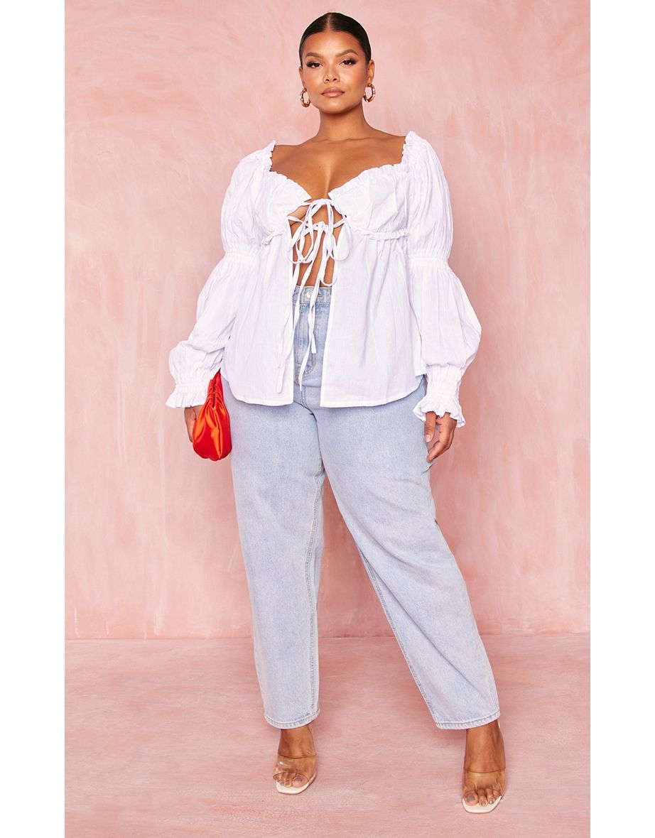 Plus White Puff Sleeve Floaty Blouse