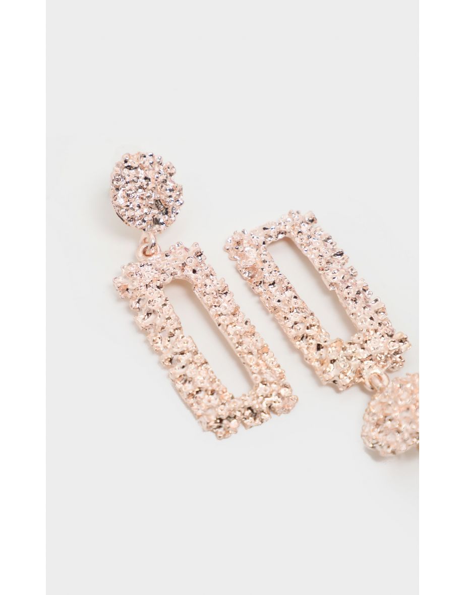 Rose Gold Textured Thin Rectangle Door knocker Earrings - 2