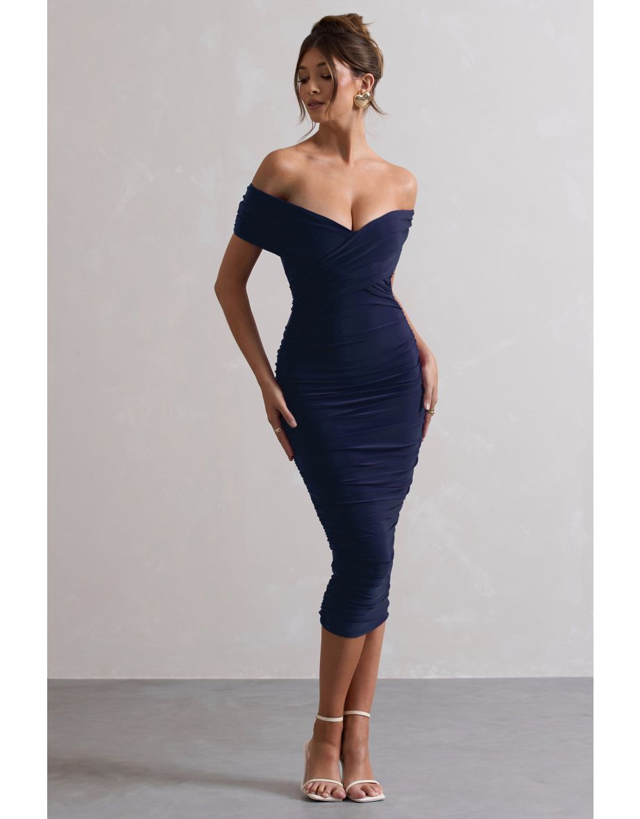 Unwrapped | Navy Ruched Twist Bardot Midi Dress