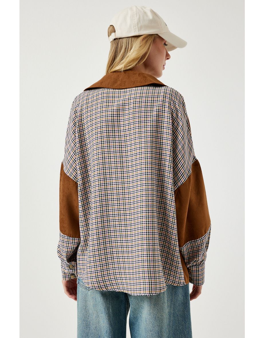 Women's Tan Cream Color Block Suede Woven Shirt - 7