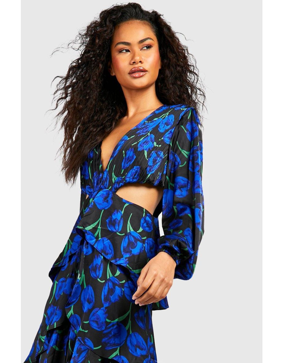 Satin Floral Ruffle Cut Out Maxi Dress - black - 3