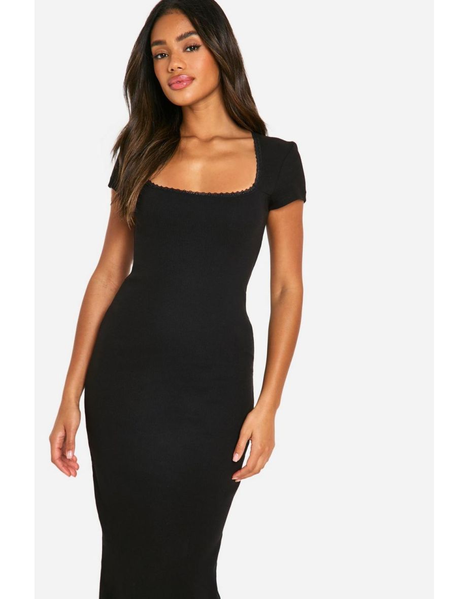 Lace Trim Rib Maxi Dress - black - 3