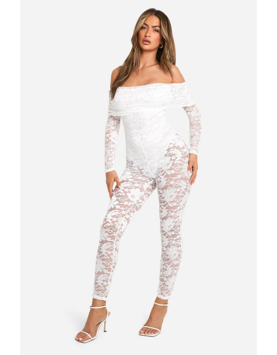 Lace Fold Over Bardot Jumpsuit - white