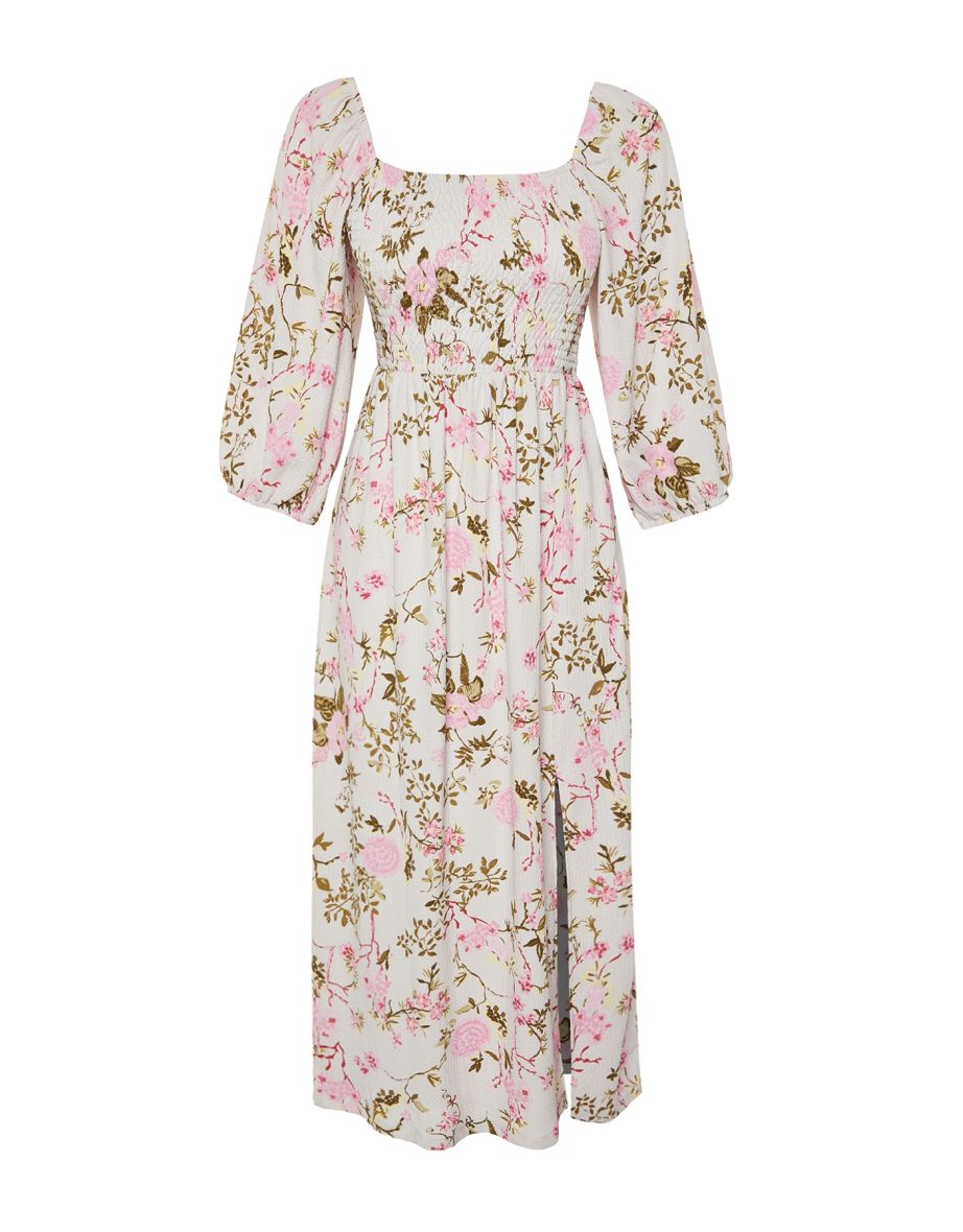 Multi Color Floral Square Neck Balloon Sleeve Gathered Ribbed Flexible Knitted  Dress - 7