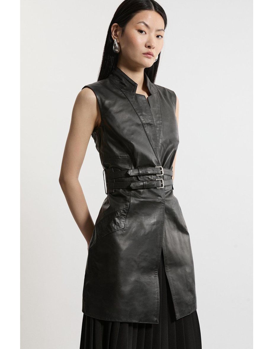 Leather Notch Neck Sleeveless Jacket