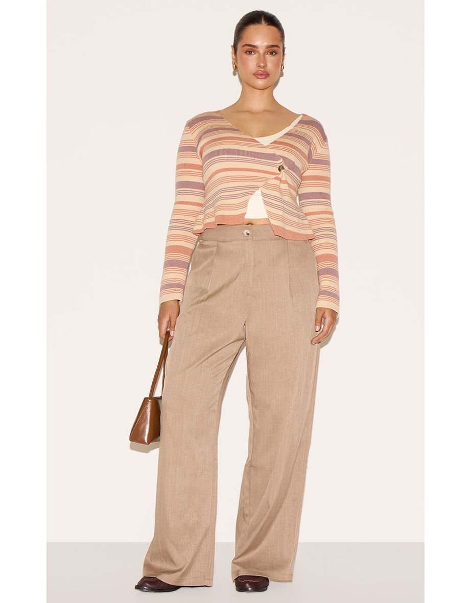 Shape Peach Knitted Strippred Wrap Over Gold Button Cardigan