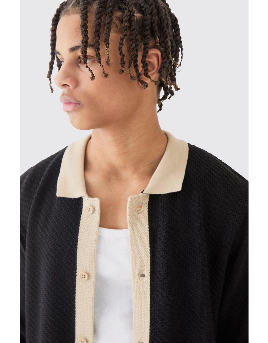 Long Sleeve Contrast Collar Knitted Shirt In Black - black - 2