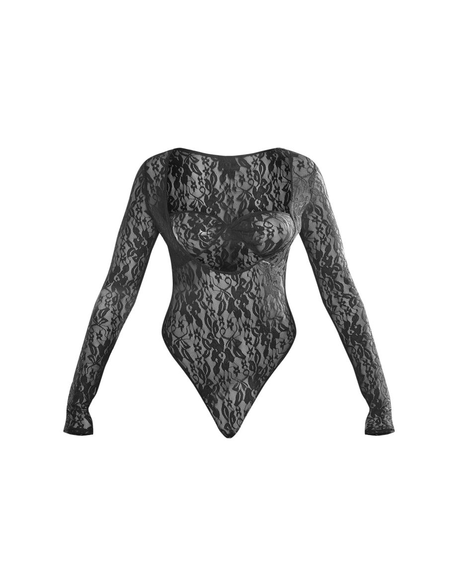 Black Lace Bandeau Detail Long Sleeve Bodysuit - 4
