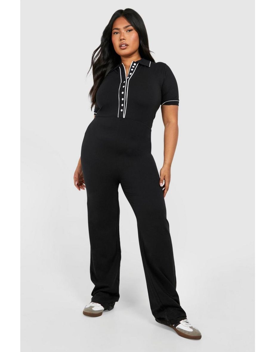 Plus Contrast Button Down Cotton Jumpsuit - black