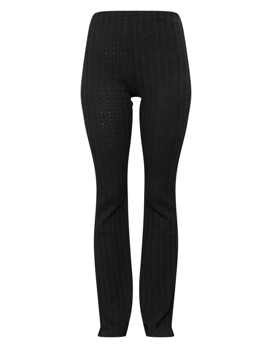 Black Textured Rib Flared Trousers - 4