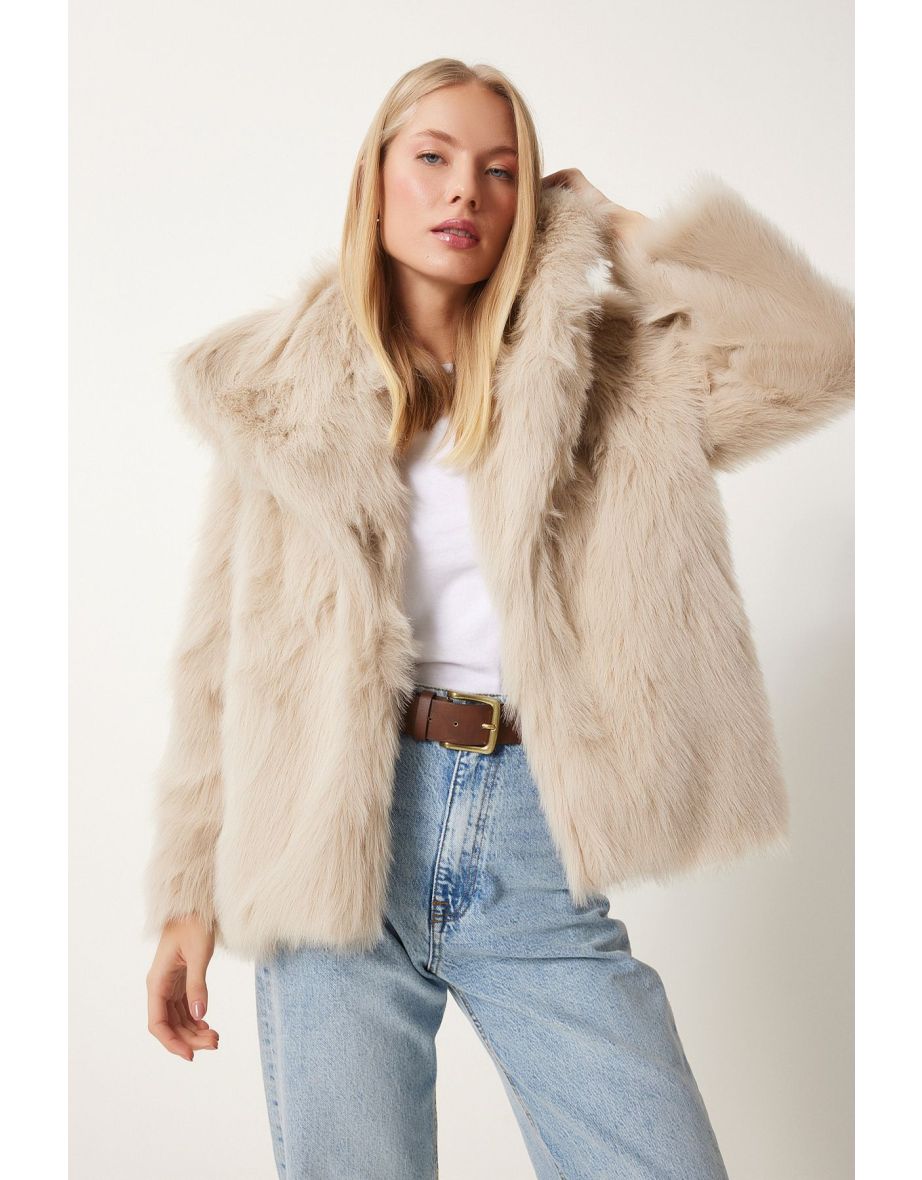Women's Beige Shawl Collar Lined Faux Fur Jacket