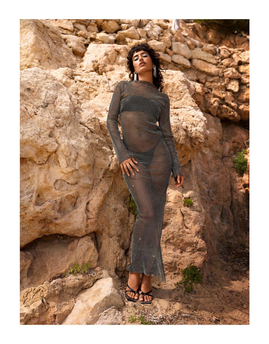 Diamante Fishnet Slash Neck Maxi Dress