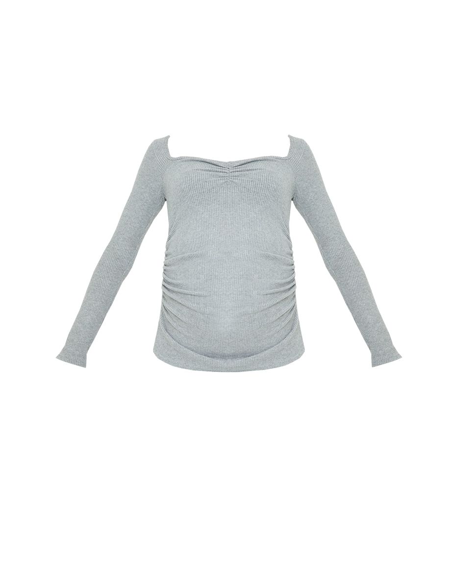 Maternity Grey Ruched Bust Brushed Rib Top - 4