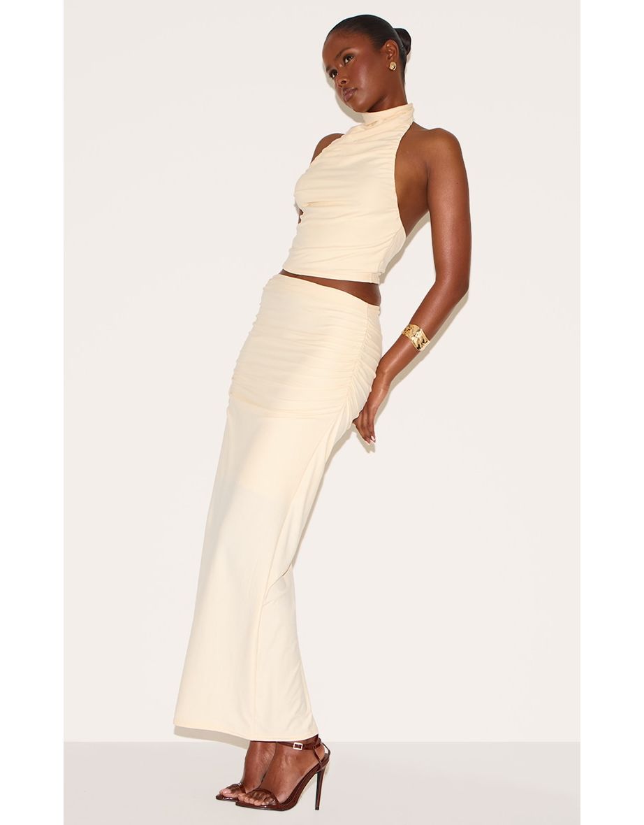 Butter Yellow Soft Touch Ruched Halter Crop Top