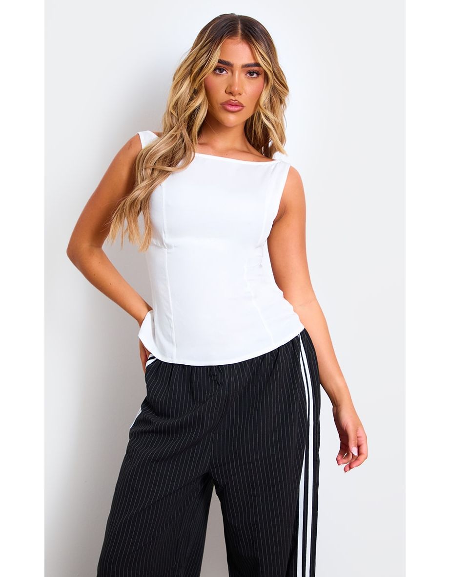 White Woven Boatneck Scoop Back Long Top