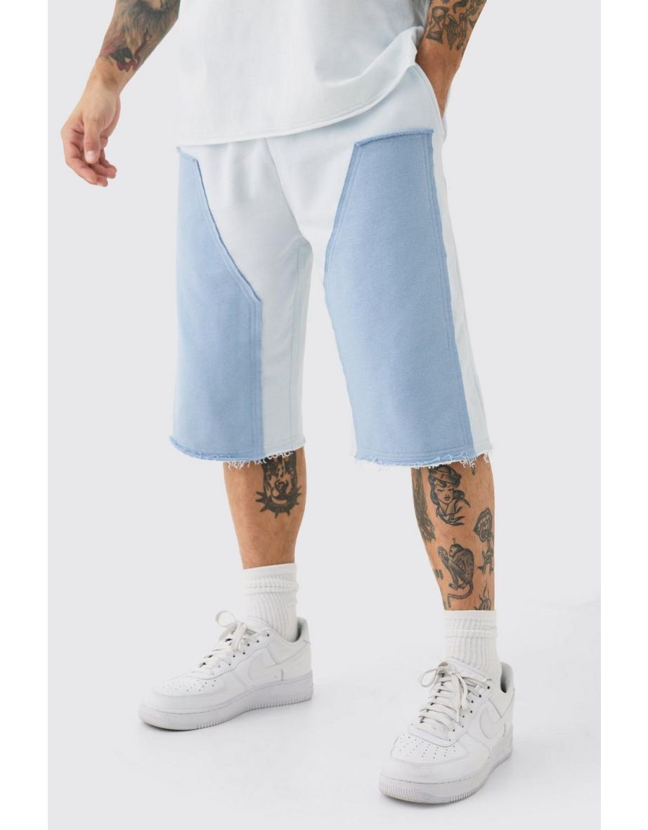 Baggy Carpenter Panel Frayed Edge Applique Jorts - light blue