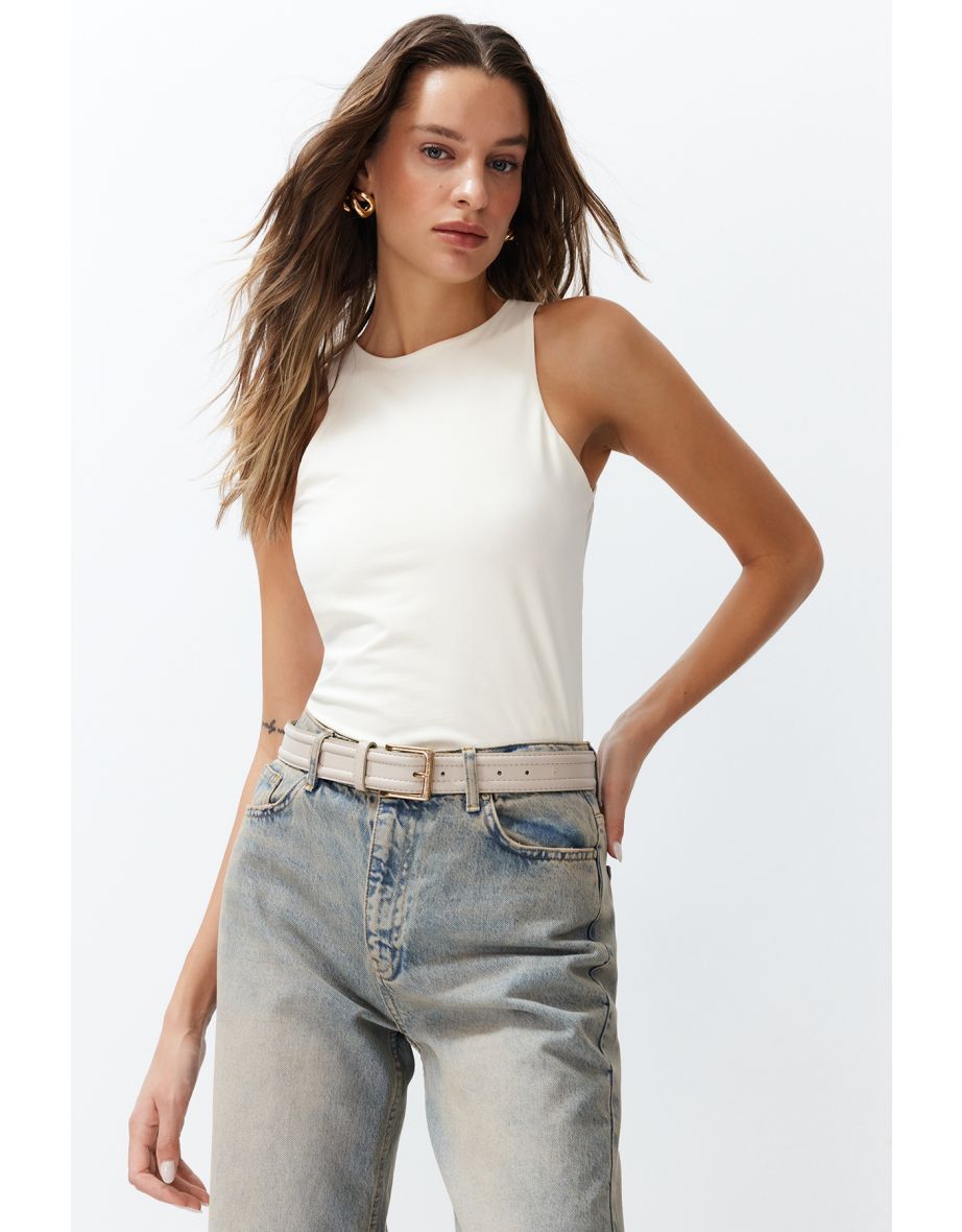 Stone Aged/Faded Effect Cotton Halter Neck Fitted Stretch Knit Undershirt