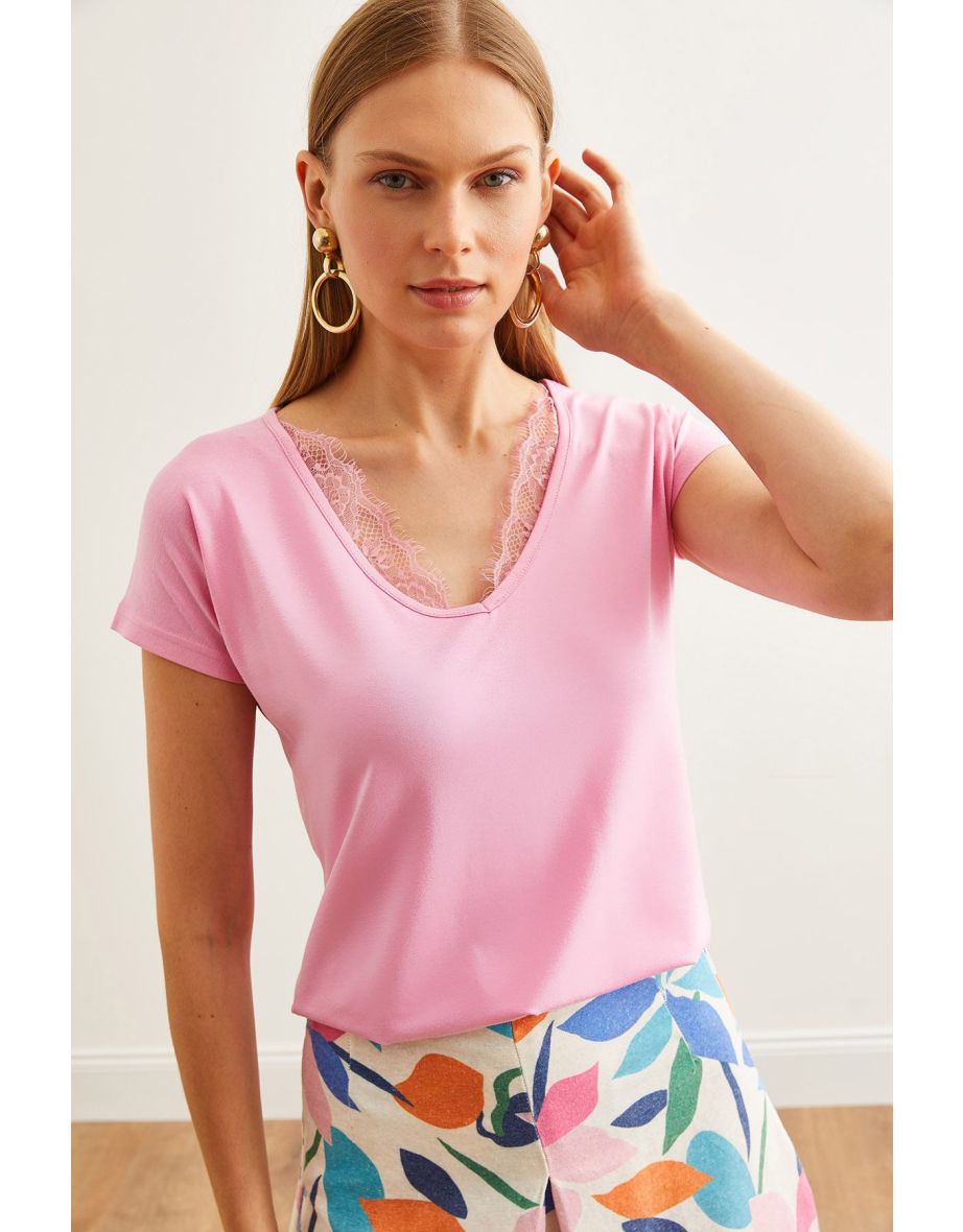 Women's Candy Pink Collar Lace Loose Viscose Blouse