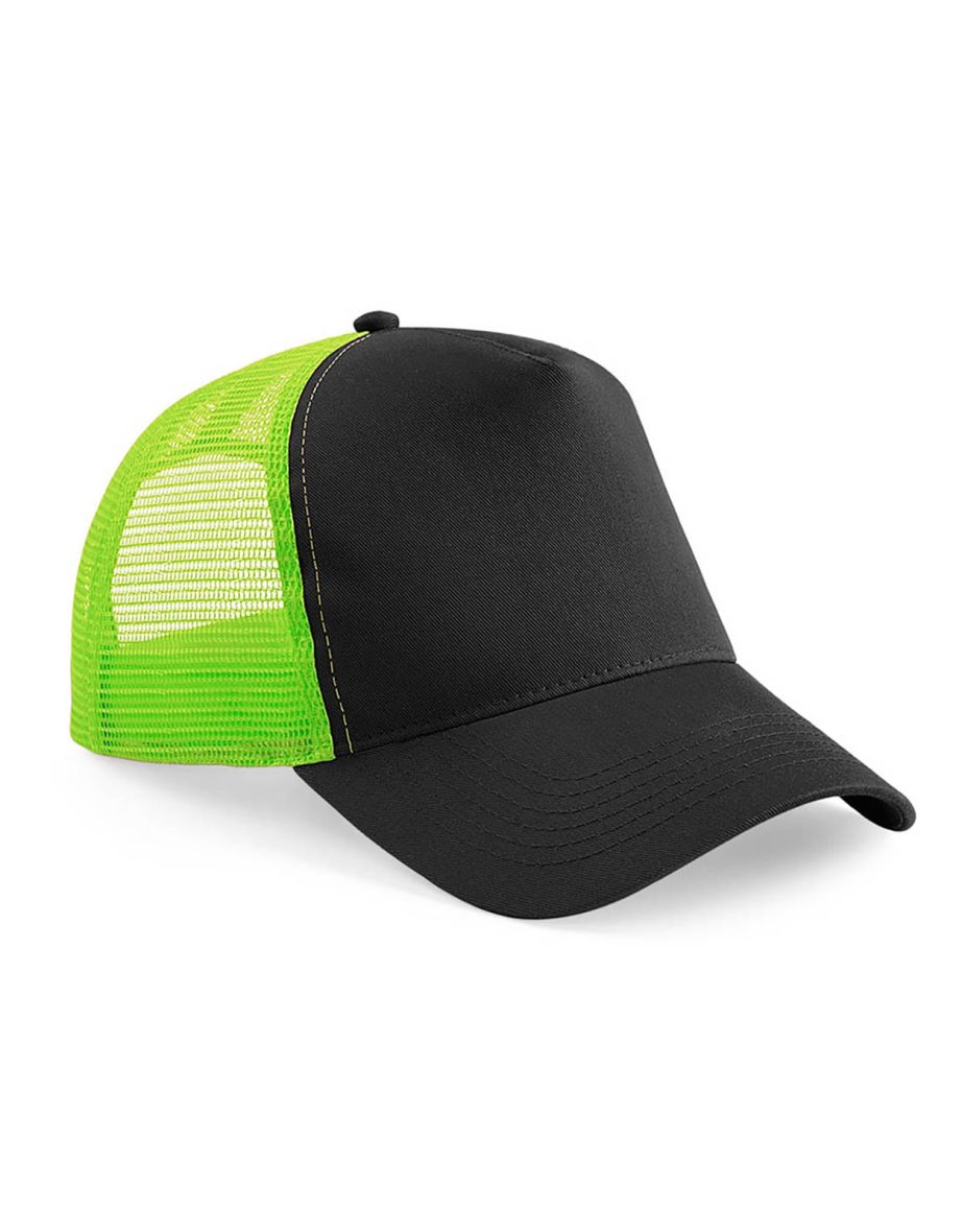 Beechfield Mens Half Mesh Trucker Cap / Headwear - Black/Lime Green