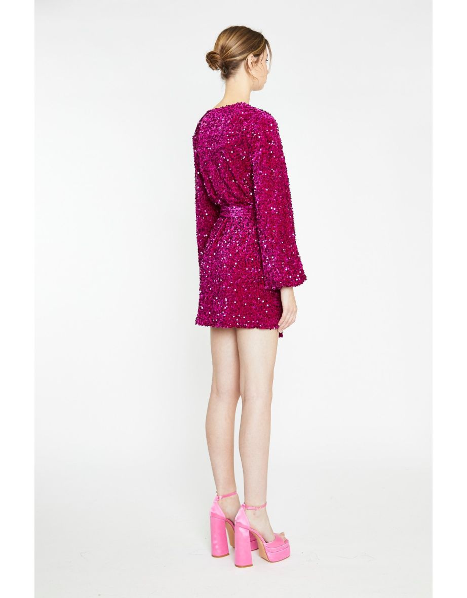 Cerise Velvet-Sequin Tie-Waist Wrap Mini-Dress - 3