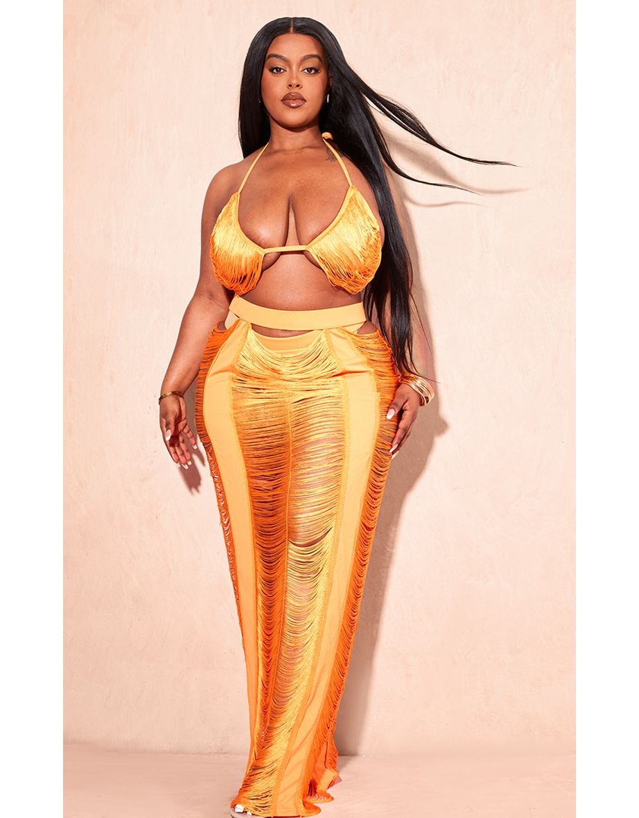 Plus Orange Fringed Maxi Skirt