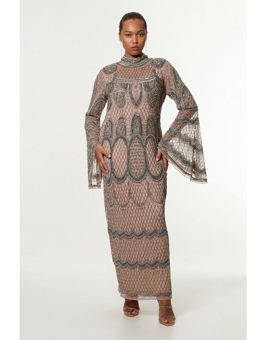 Plus Size Embellished And Beaded Long Sleeve Woven Maxi Dress