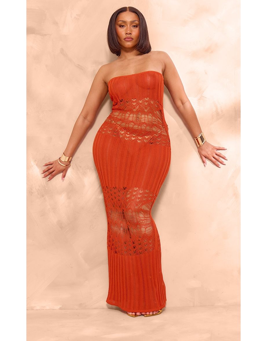 Shop Shape Burnt Orange Knit Sheer Panel Bandeau Maxi Dress Online in Iraq VogaCloset