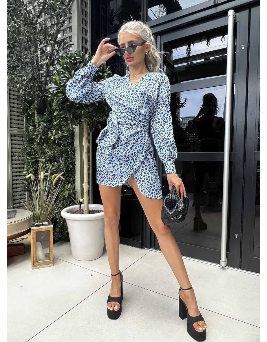 Glamorous Blue Leopard Print Mini Wrap Dress - 2