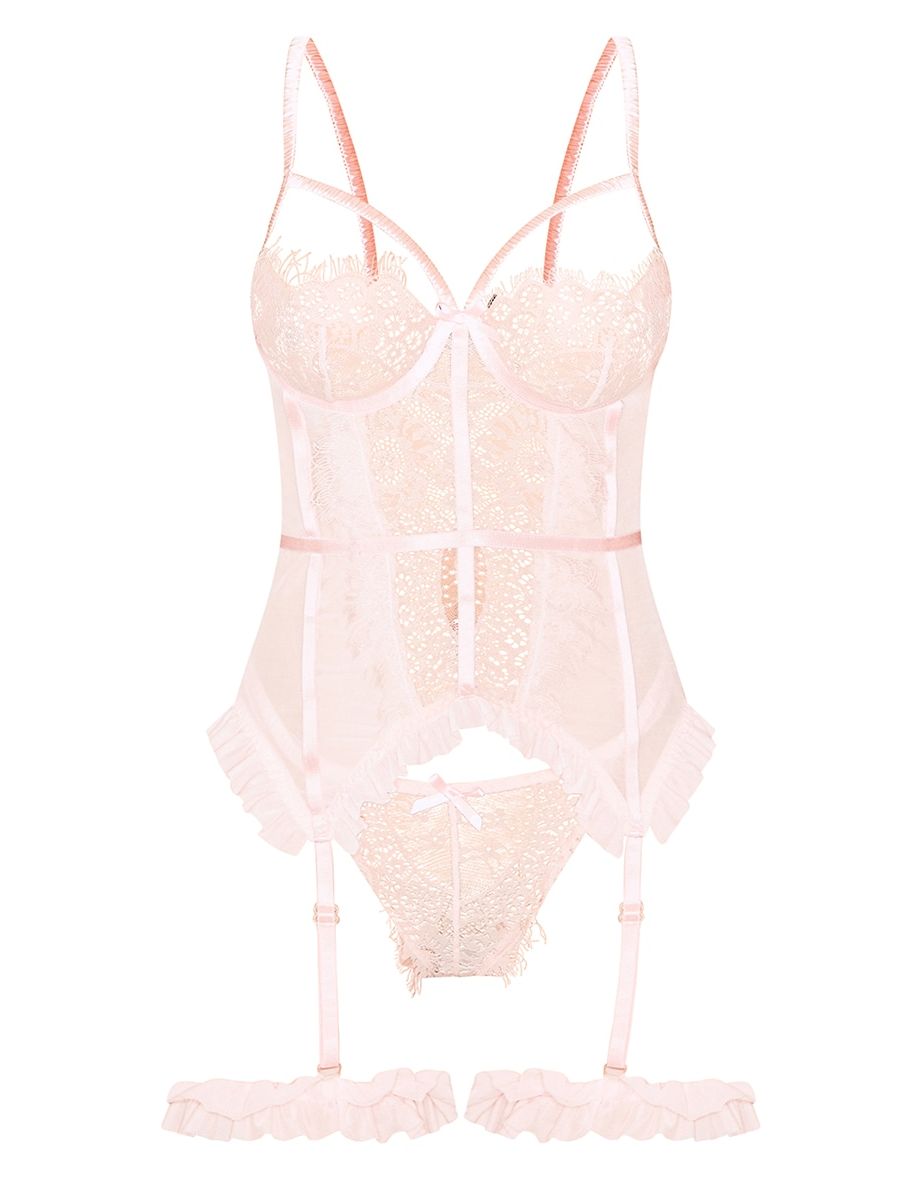 Baby Pink Eyelash Lace Frill Detail Longline Corset Lingerie Set - 1