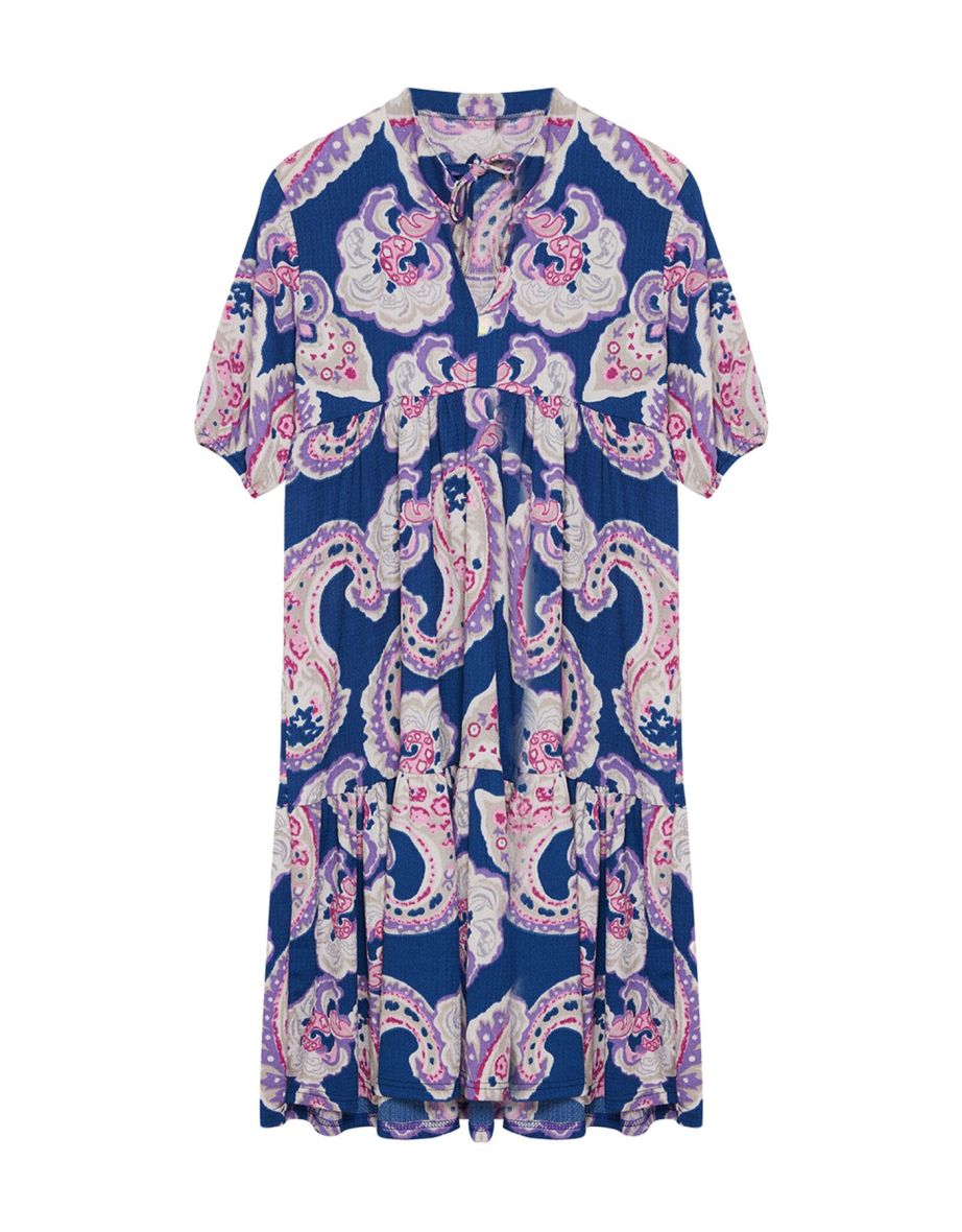 Blue Printed V-Neck Skirt Ruffle Balloon Sleeve Knitted Flexible Maxi Dress - 6