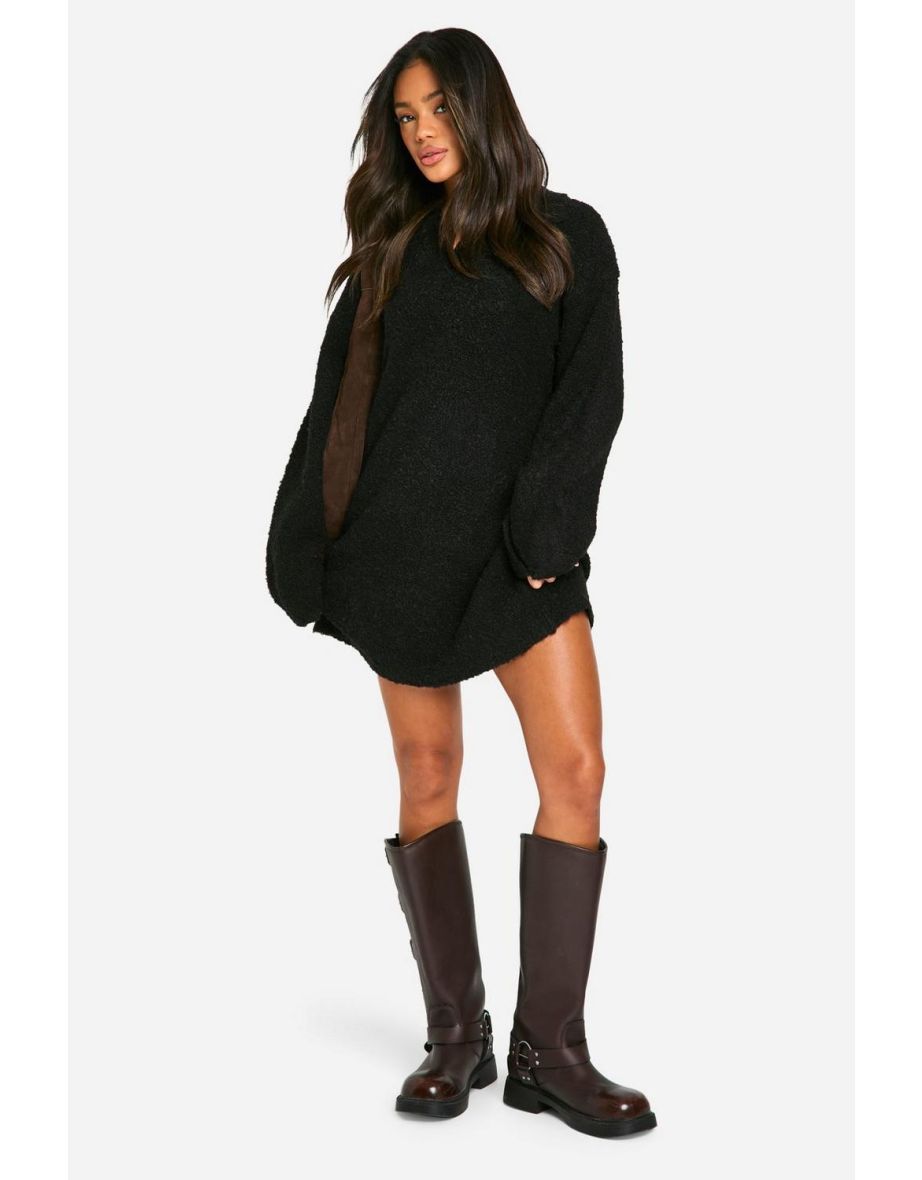 Borg Oversized Collar Detail Mini Dress - black
