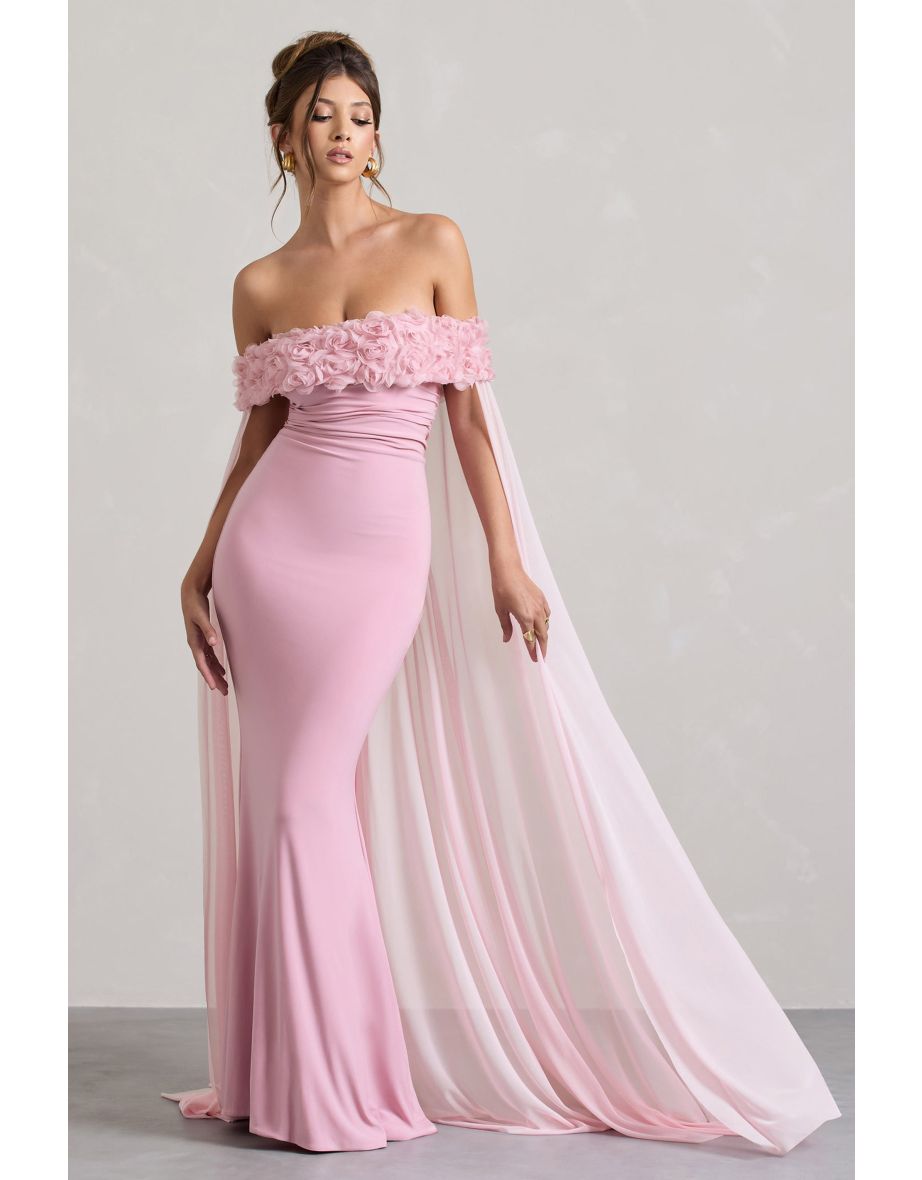 Avant Garde | Blush Pink Floral Bardot Fishtail Maxi Dress With Mesh Cape