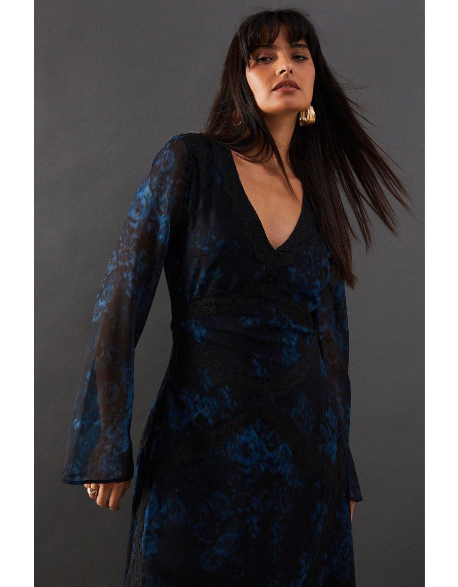 Print Chiffon Lace Insert Midi Dress - 3