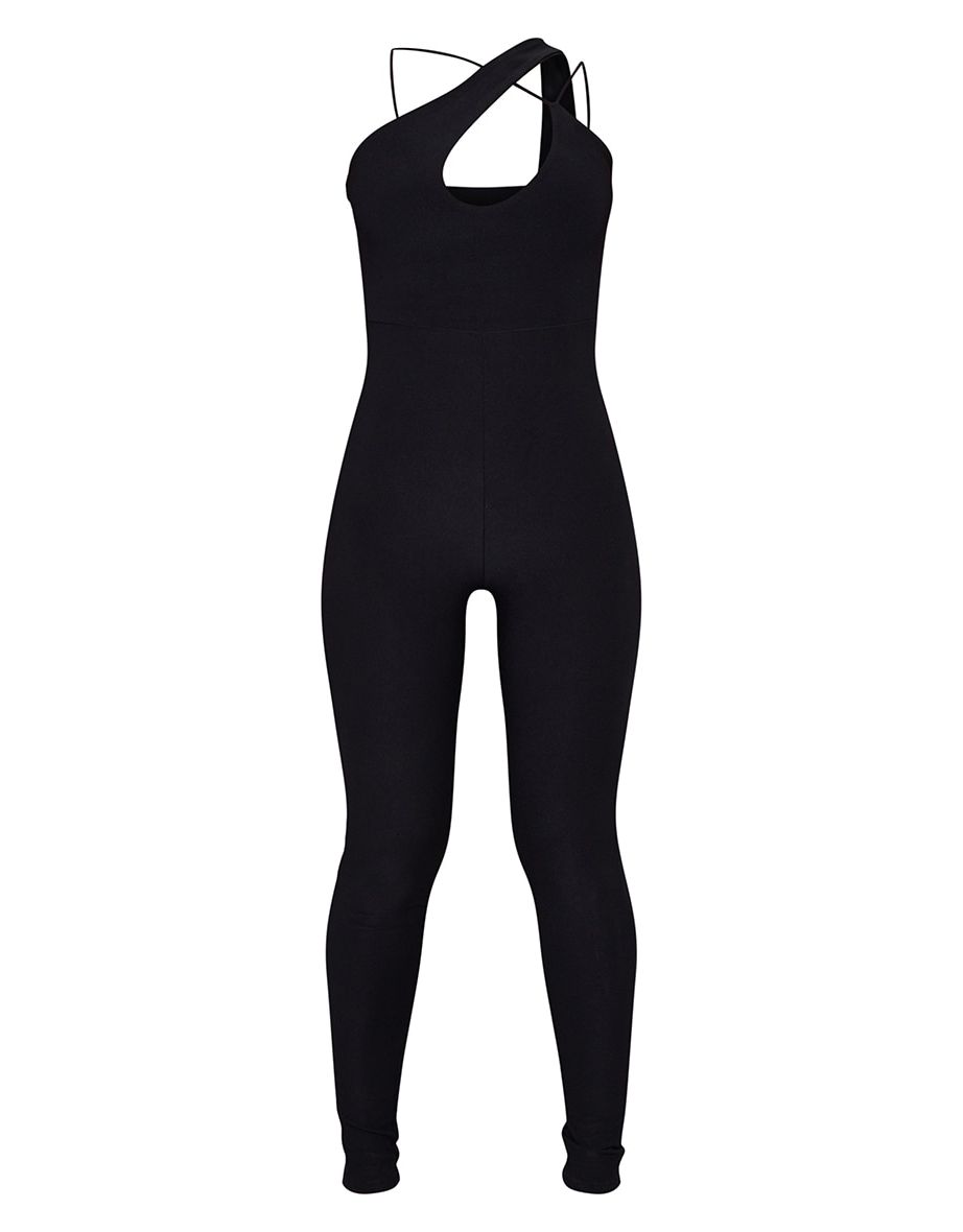 Black Slinky Asymmetric Strap Jumpsuit - 4