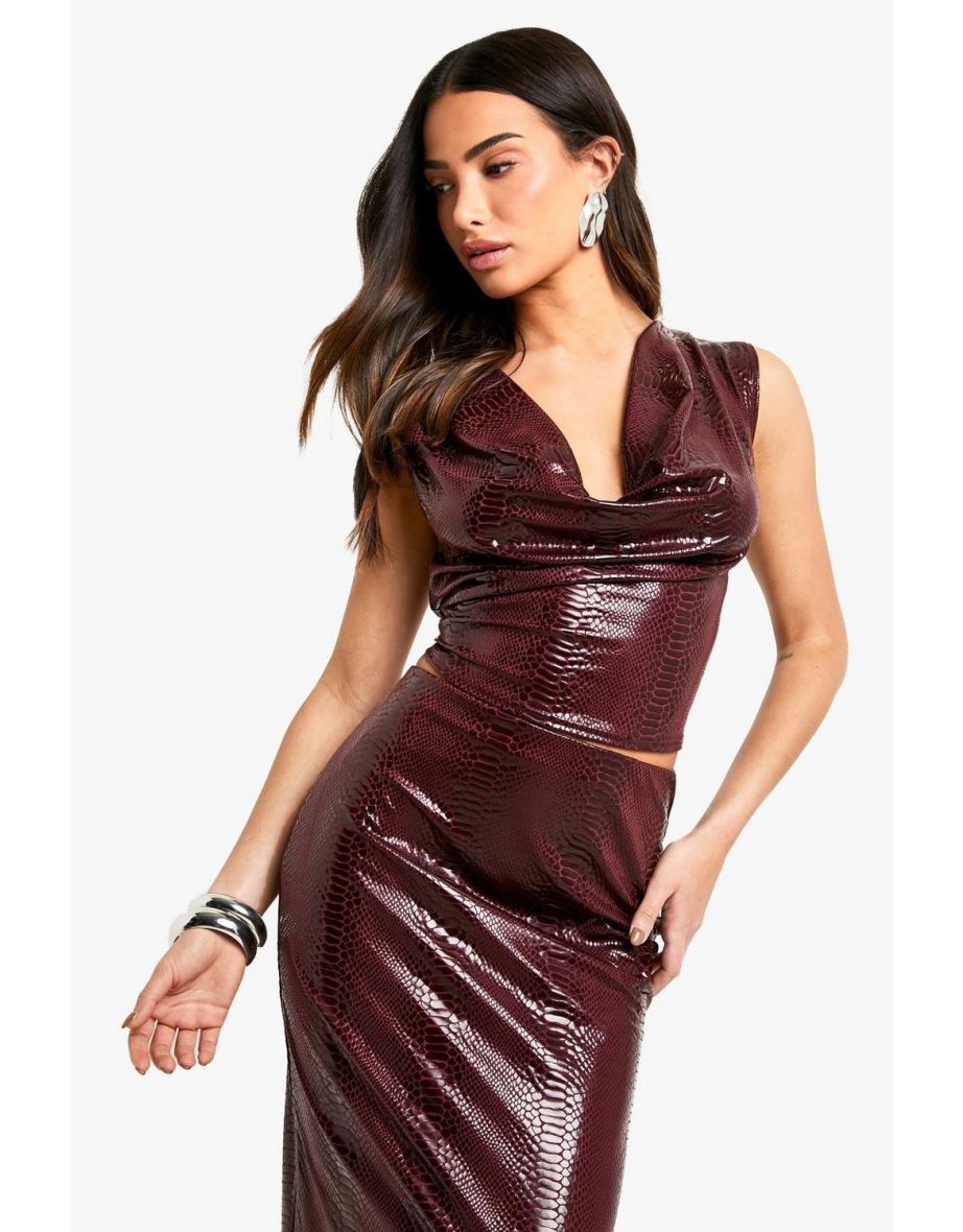 Petite PU Snakeskin Cowl Neck Top And Maxi Skirt Co-ord - - 3
