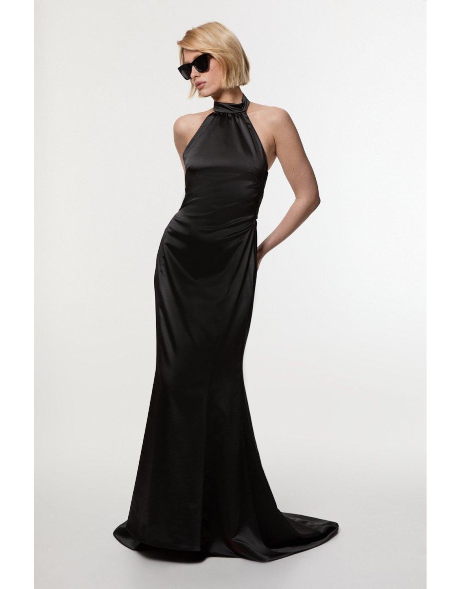 Premium Satin Halter Neck Tailored Maxi Dress