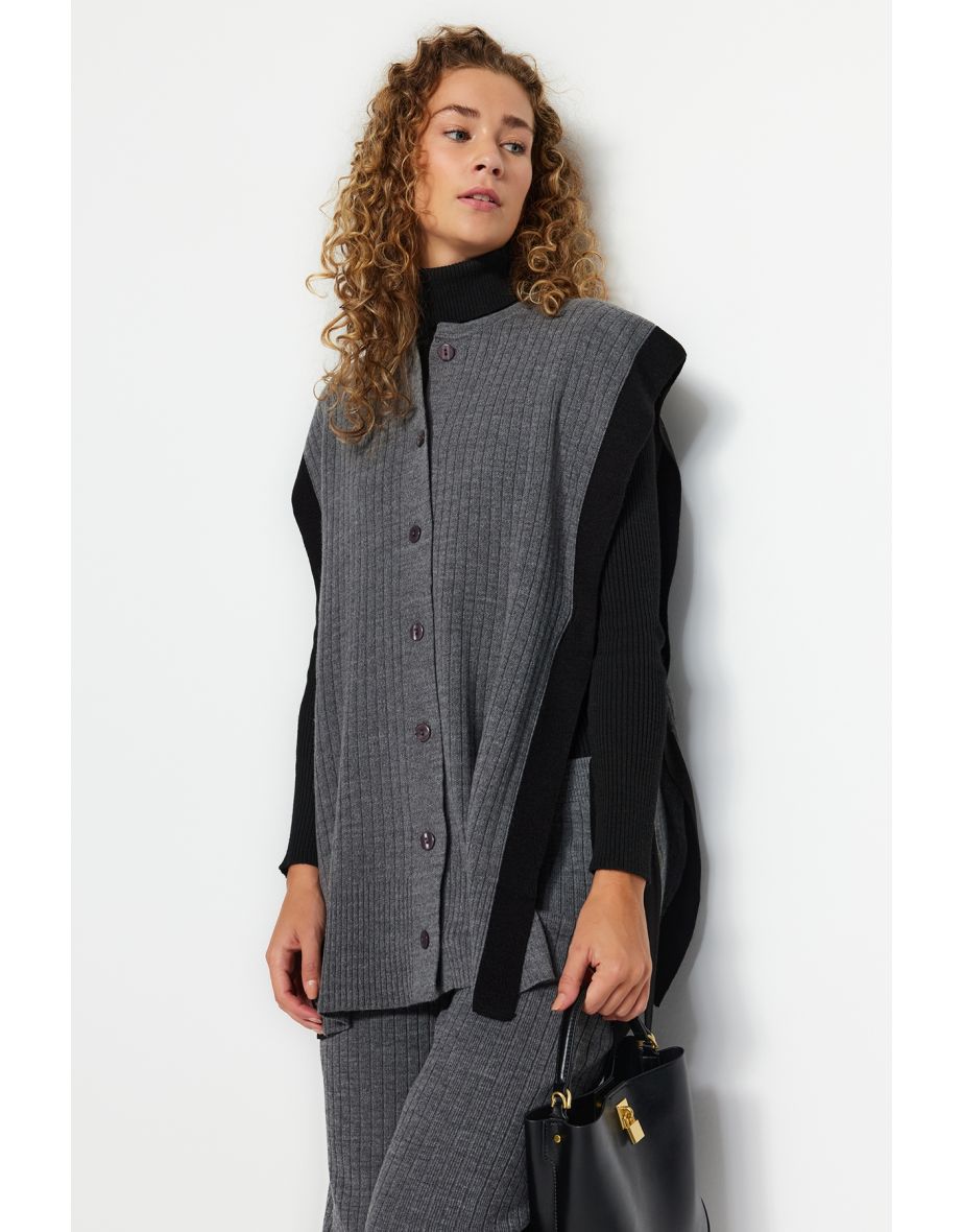 Anthracite Color Block Slit Detailed Vest-Pants - 4