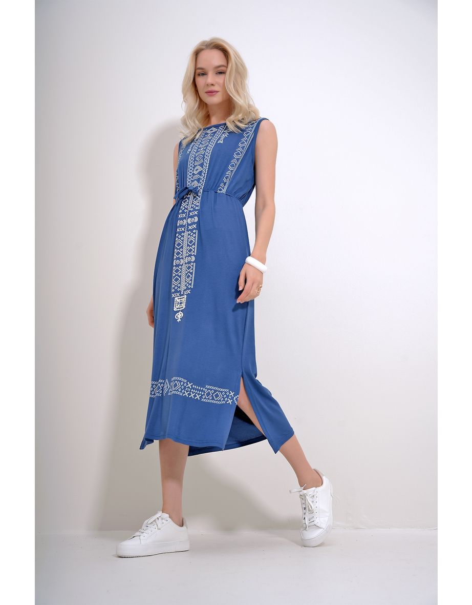 Women's Indigo Embroidery Printed Bohemian Dress - 4