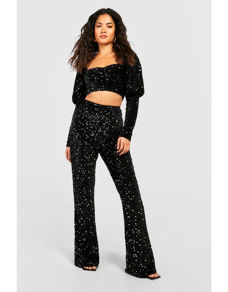 Velvet Sequin High Waisted Flared Trousers - black
